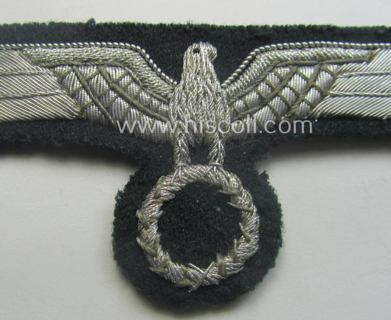Period-denazified, WH (Heeres) officers'-type, hand-embroidered breast-eagle (ie. 'Brustadler für Offiziere') as was executed in bright-silverish-coloured braid as was intended for usage on the various officers'-pattern tunics