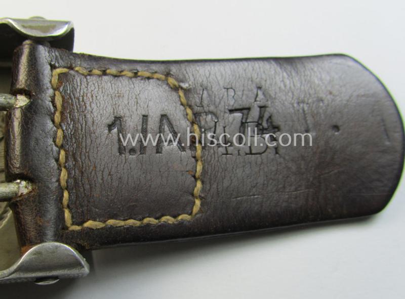 Superb, WH (Heeres) 'standard-pattern', field-grey-toned- and aluminium-based belt-buckle being a maker- (ie. 'Bernh. Haarmann'-) marked- and/or '1939'-dated example that comes mounted onto its (unit-stamped!) leather-based tab