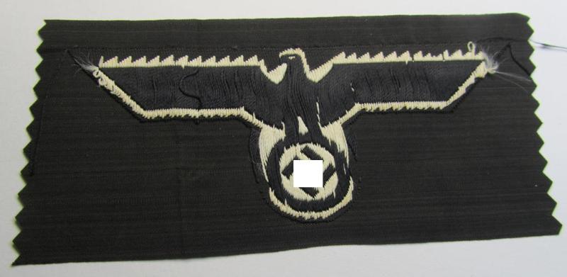 Neat, WH (Heeres) early- (ie. evt. pre-) war-period- and/or white-coloured 'Panzer'-type breast-eagle of the so-called: 'M39'- (ie.'M40'-) pattern as was executed in the neat 'BeVo'-weave pattern on a black-coloured background