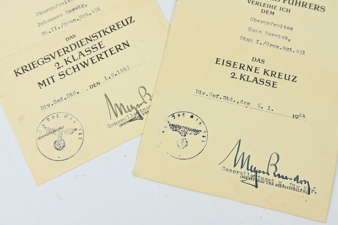 German WH Medal Certificate Set 'Grenadier Regiment 431'