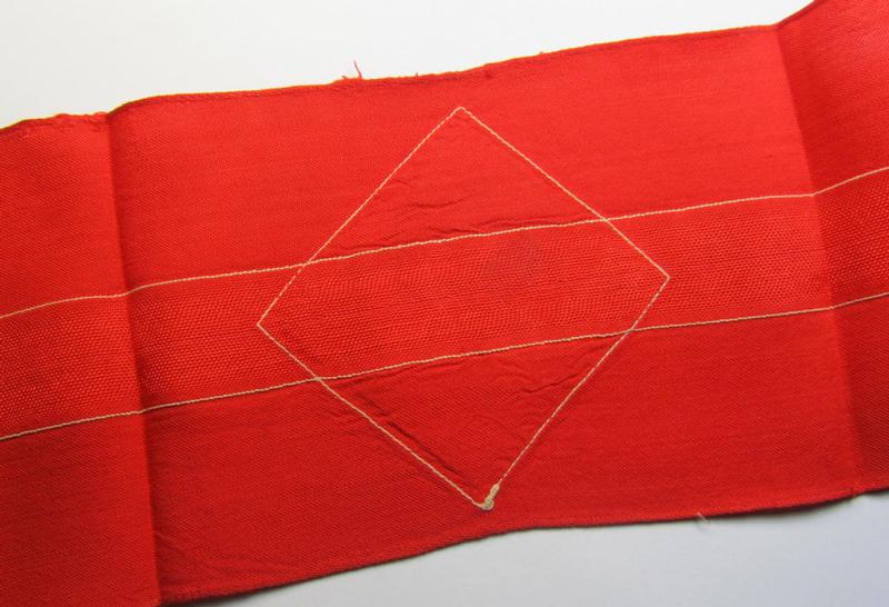Attractive - and nowadays scarcely found! - 'standard'- (ie. entirely woven) pattern, bright-red-coloured HJ- (ie. 'Hitlerjugend'-) related armband (ie. 'Armbinde') being a moderately worn- ie. used example that regrettably misses its 'RzM'-e...