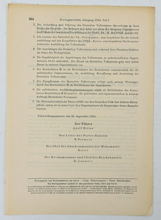 German Third Reich Reichsgesetzblatt October 20th 1944 'Volksstrum'