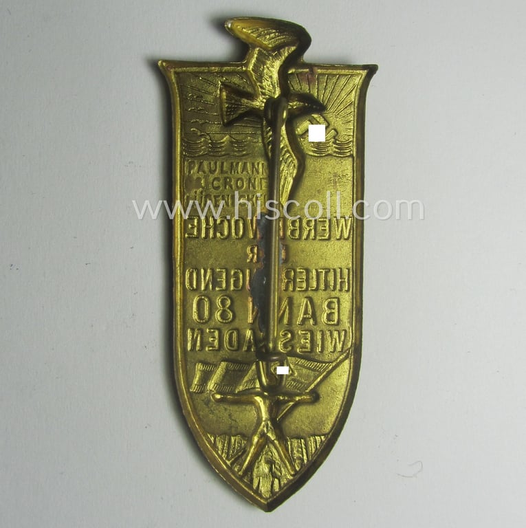HJ (ie.'Hitlerjugend') related 'tinnie' ie. 'Veranstaltungsabzeichen' being a maker- (ie. 'Paulmann & Crone'-) marked example showing a sunburst, sea-gull and HJ-flag-bearer and text: 'Werbewoche der Hitler Jugend - Bann 80 - Wiesbaden'