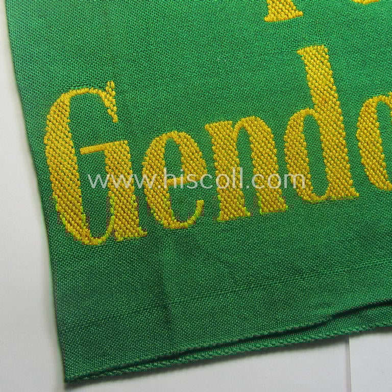 Wehrmacht-related, bright-green-coloured and/or linnen-based armband entitled: 'Feldgendarmerie' (as was specifically intended for usage by the staff of the notorious: 'Feldgendarmerie-Truppen')