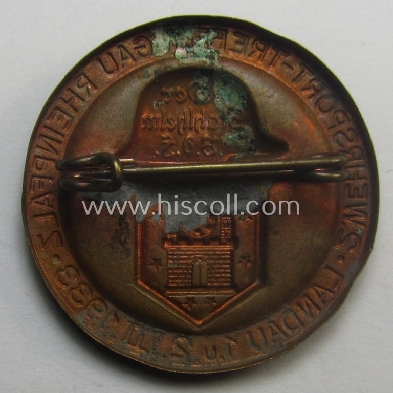 Commemorative, 'Nat.Soz. Deutscher Frontkämpferbund Stahlhelm'- (or: 'N.S.D.F.B.St.'-) related 'tinnie': '2. Wehrsport-Treffen - Gau Rheinpfalz - Landau - 1.u.2. VII. 1933'