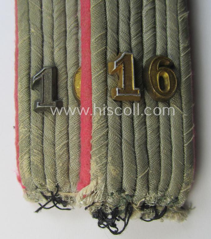 Superb - fully matching and just moderately used! - pair of WH (Heeres) neatly 'cyphered', officers'-type shoulderboards as piped in the bright-pink branchcolour as was intended for a: 'Leutnant u. Mitglied des 16. Panzer-Division'