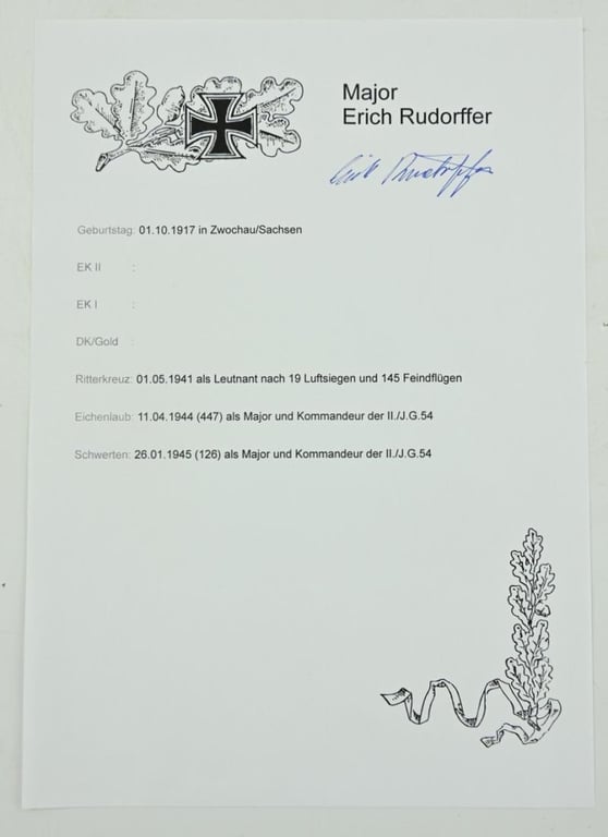 Signature of Luftwaffe KC-OLC & S Recipient 'Erich Rudorffer'