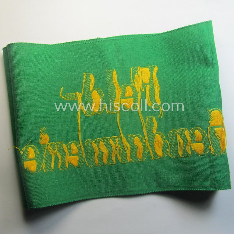 Wehrmacht-related, bright-green-coloured and/or linnen-based armband entitled: 'Feldgendarmerie' (as was specifically intended for usage by the staff of the notorious: 'Feldgendarmerie-Truppen')