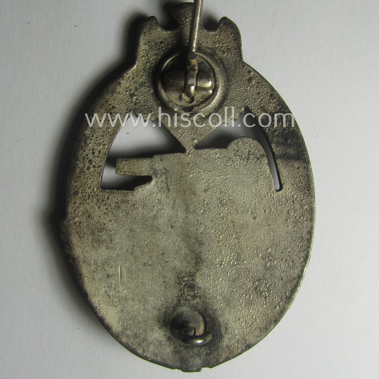 'Panzerkampfabzeichen in Silber' being a neatly maker- (ie. 'HA'-) marked- and/or typical zinc- (ie. 'Feinzink'-) based specimen as was produced by the desirable 'Hersteller' (ie. maker): 'Hermann Aurich'