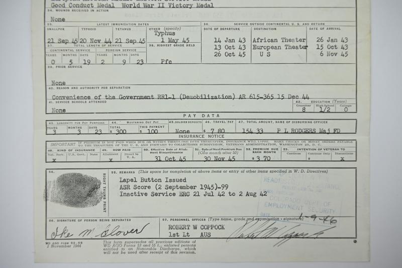 US WW2 HD papers Ike M Glover '67th AAA Gun Battalion'