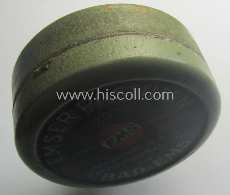 'Standard-issue'-type, (I deem) medical-related and/or colourful (albeit empty!) box 'Buchse' (ie. container) being an undamaged example that shows the text: 'Emser Pastillen - Kriegspackung'