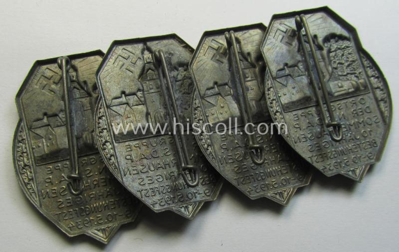 Attractive, golden-bronze-toned N.S.D.A.P.-related 'tinnie' (ie. 'Veranstaltungsabzeichen') showing an illustration of a towns'-view, sun-burst and text: 'Ortsgruppe der N.S.D.A.P. - Sommerhausen - 10 Jähriges Bestehungsfest - 9.-10.-5-1934'