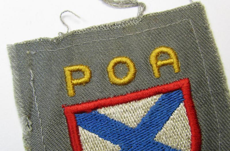 Very nice - and actually scarcely encountered! - multi-coloured, machine-embroidered- (ie. 'variant-type'-) armshield as intended for a Russian volunteer of the 'Russian Liberation Army' (ie. 'POA')