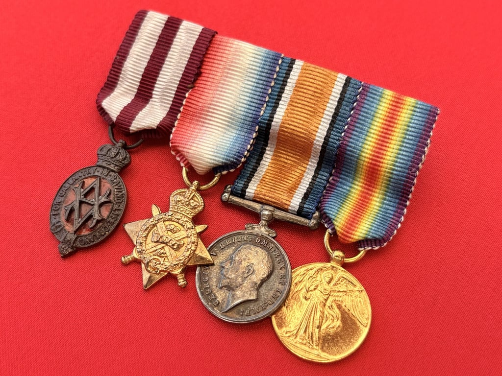 WWI BRITISH SET OF DRESS MINATURES ALBERT MEDAL AND SOLID SILVER IDENTITY BTACELET 1918.