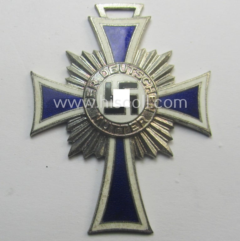 'Ehrenkreuz der deutschen Mutter - zweite Stufe' (or: silver-class mothers'-cross) that with its long-sized ribbon and that came stored in its period pouch by the (unusually seen!) maker: 'Gebr. Gloerfeld K.G. - Lüdenscheid'