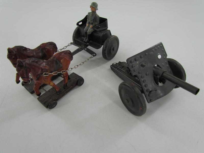 Pre War German Composition 2 Horse Drawn Carriage With CannonToy