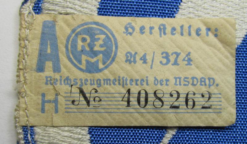 Attractive - and scarcely encountered! - SA (ie. 'Sturmabteilungen'), 'BeVo'-woven sport-shirt insignia still showing its period-attached 'RzM'-etiket as was intended for an SA-member who served within the: 'Gruppe Wartheland' (WA)