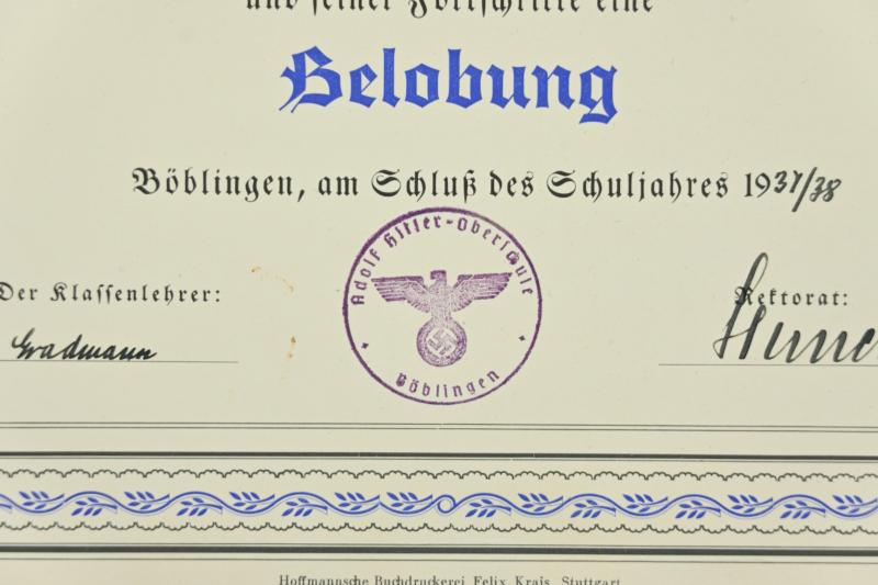 German Third Reich Certificates 'Adolf Hitler Schule'