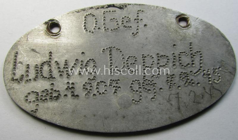 Very interesting, black-coloured and aluminium-based ID-plaque ('Schild') entitled: 'Wachmann des Festungs-Pionierstabes 23' (bearing a serial-numeral and period-engraved name: 'O.Gef. Ludwig Deppich')