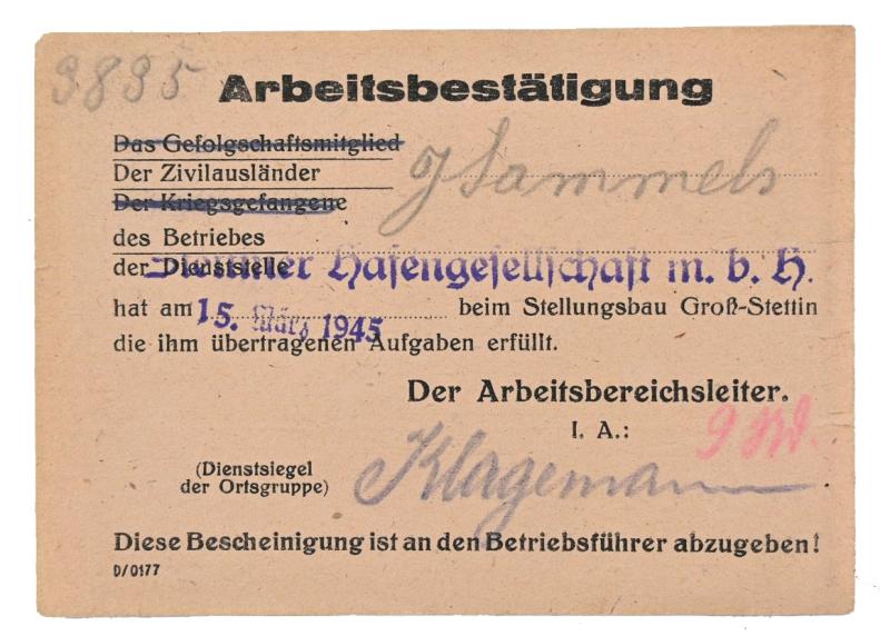 German Third Reich Paper Document set 'Stettin'