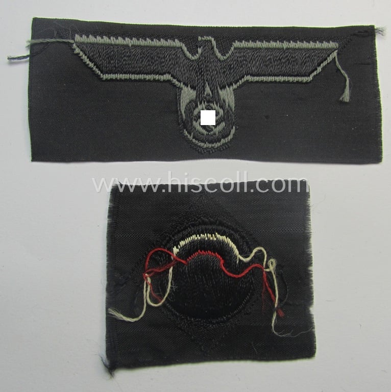 Mid-war-period, WH (Heeres) 'Panzer' cap-eagle & cocarde-set (ie. 'Schiffchenmützen-Adler u. Kokarde-Satz für Mannschaften u. Uffz.') being a 'virtually mint' set as executed in bluish-grey-coloured linnen onto a black-coloured background