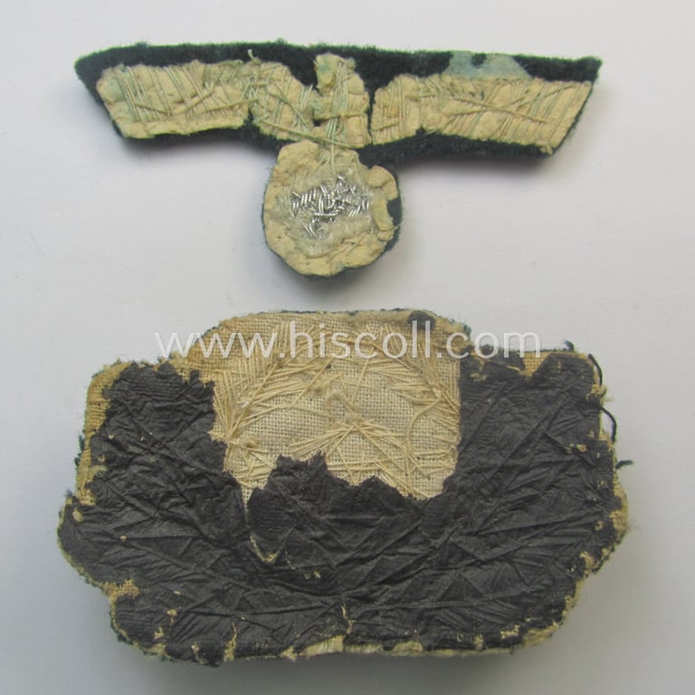 Clearly used- and/or cap-removed, WH (Heeres) officers'-pattern, visor-cap eagle/cocarde-set (ie. 'Effektensatz für Schirmmütze') being both hand-embroidered examples that come mounted onto a darker-green-coloured- and/or woolen-based background