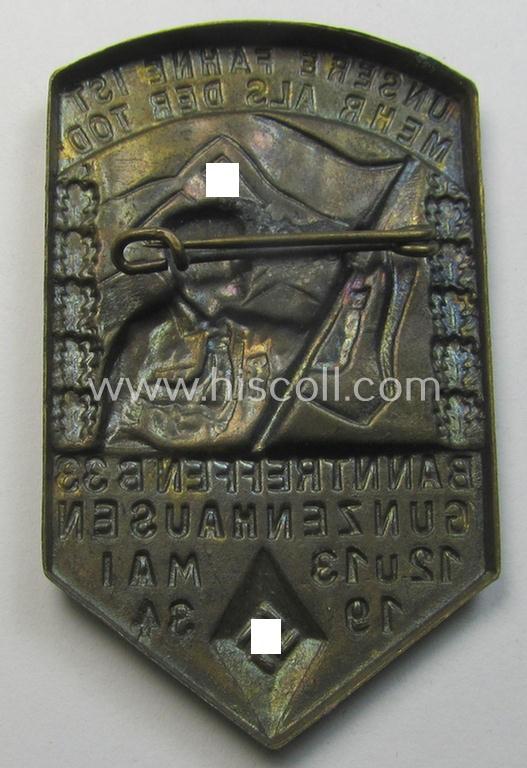 Superb - and fairly early-period! - HJ ('Hitlerjugend') related 'tinnie' being a bronze-toned- albeit non-maker-marked example that is showing a HJ-member with flag, HJ-'Raute' and text: 'Banntreffen 33 - Gunzenhausen - 12.-13. Mai 1934'