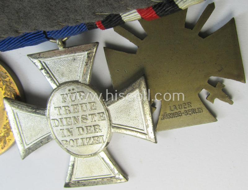 Superb, 5-pieced WWI- (ie. TR-) related medal-bar (ie. 'Ordenspange') resp. depicting an: 'FKK 1914-18 mit Schw.', a: 'Polizei-Dienstauszeichnung 2. Stufe' (or: police loyal-service medal 2nd class) and three Austrian WWI commemorative medals