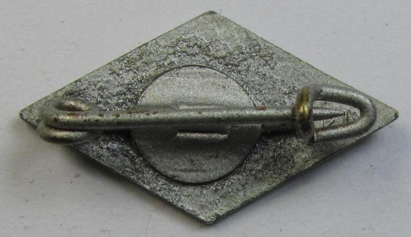 Attractive - and I deem later-war-period! - 'NS-Studentenbund' lapel-pin (ie.: 'Raute') being a bright-red-, black- and white-coloured- and/or aluminium-based- (ie. painted!) example