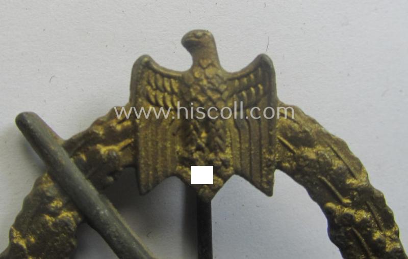 WH (Kriegsmarine) 'Marine-Artillerie-Abzeichen' being a typical non-maker-marked- and/or zinc- (ie. 'Feinzink'-) based example as was (presumably) produced by the: 'Alois Rettenmaier'-company