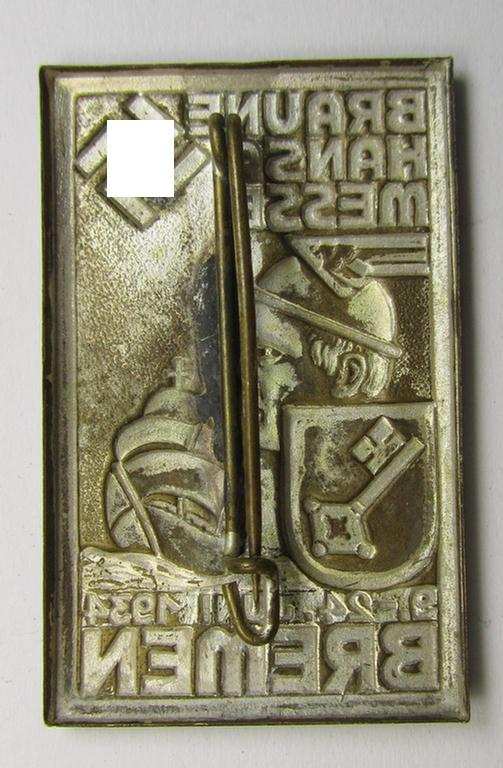 Commemorative, fairly early-period- and/or silvered copper-based N.S.D.A.P.-related 'tinnie' being a non-maker-marked example showing the text: 'Braune Hansa Messe - 9.-24. Juni 1934 - Bremen'