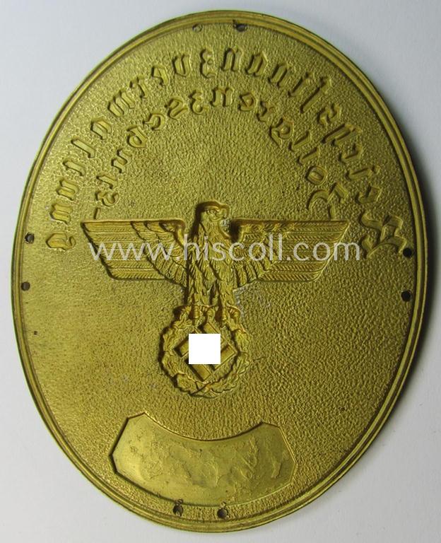 Attractive - bright-golden-toned- and/or metal-based - so-called: 'Reichsfinanzverwaltung-Zollgrenzschutz'-related armshield being a hardly used example that is bearing the stamped (unique) serial-number: '8435'