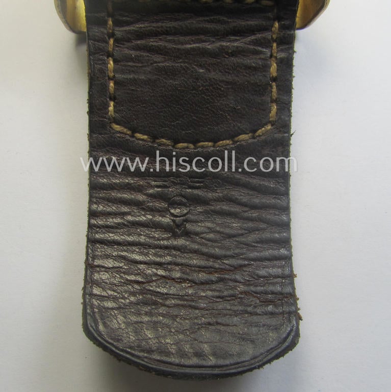 Stunning, WH (Kriegsmarine) bright-golden-toned- and/or aluminium-based belt-buckle (being a maker- ie.: 'R.S.&S.'-marked (and '1938'-dated!) example that comes mounted onto its leather-based tongue