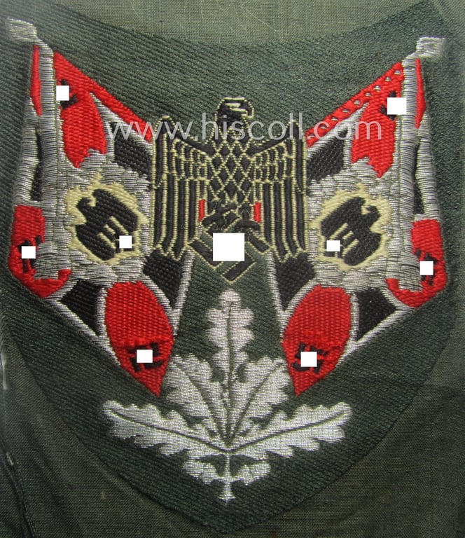 WH (Heeres), flat-wire- (ie. 'BeVo'-) woven 'Ärmelabzeichen für Fahnenträger des Heeres' as was intended for a soldier (ie. NCO) who served within a: '(Sturm)Artillerie'-unit