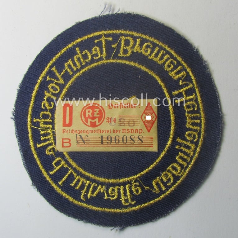 HJ- (ie. 'Flieger-HJ') specialist-armbadge (or: 'Schulabzeichen') depicting the text: 'Techn. Vorschule d. Luftwaffe - 2 - Bremen-Hemelingen' (still retaining its period 'RzM'-etiket!)