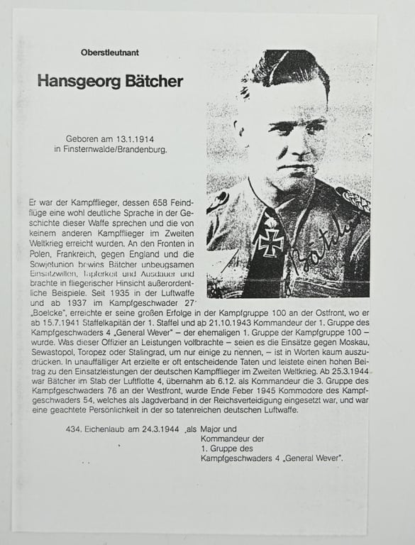 Signature of Luftwaffe KC-OLC Recipient 'Hansgeorg Bätcher'