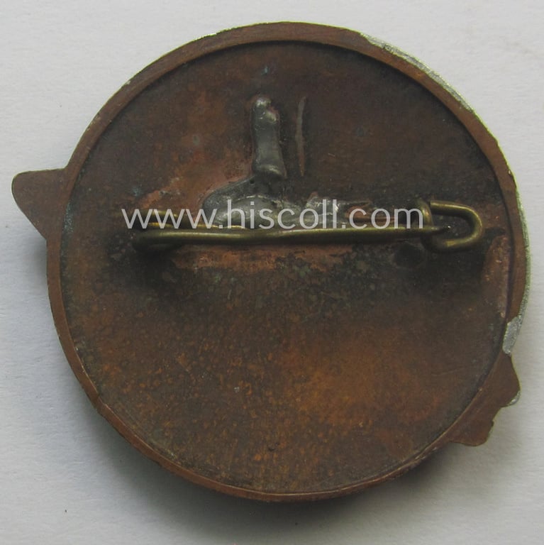 Reddish-bronze-toned- (ie. 'Cupal'-based!) so-called: 'N.S.D.A.P.'-related supporter- (ie. day-) badge (ie. 'tinnie' or: 'Veranstaltungsabzeichen') bearing the text: 'Ein Volk bricht Ketten'