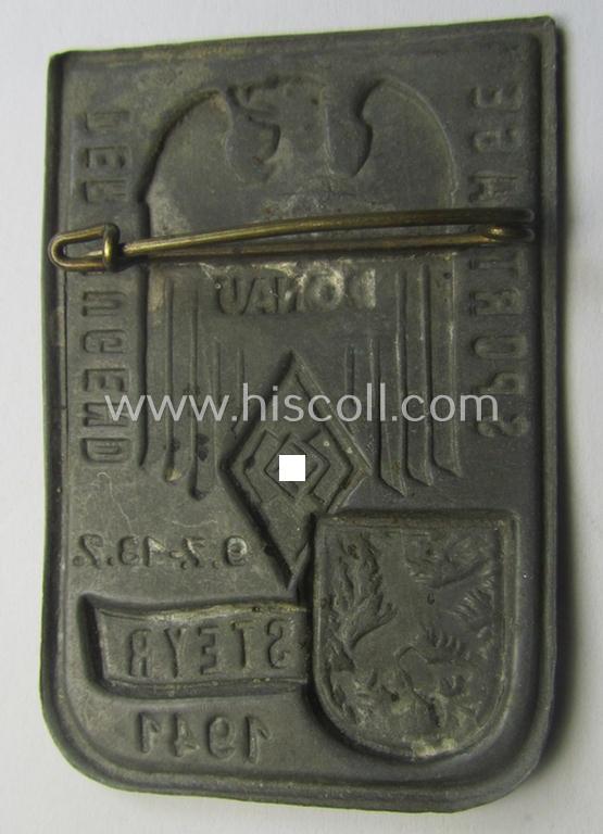 Austrian, HJ- (ie. 'Hitlerjugend'-) related day-badge (ie. 'tinnie' or: 'Veranstaltungsabzeichen') as was issued to commemorate a HJ-related event and that is entitled: 'Sporttag der Jugend - Oberdonau - Steyr - 9.7. - 13.7.1941'