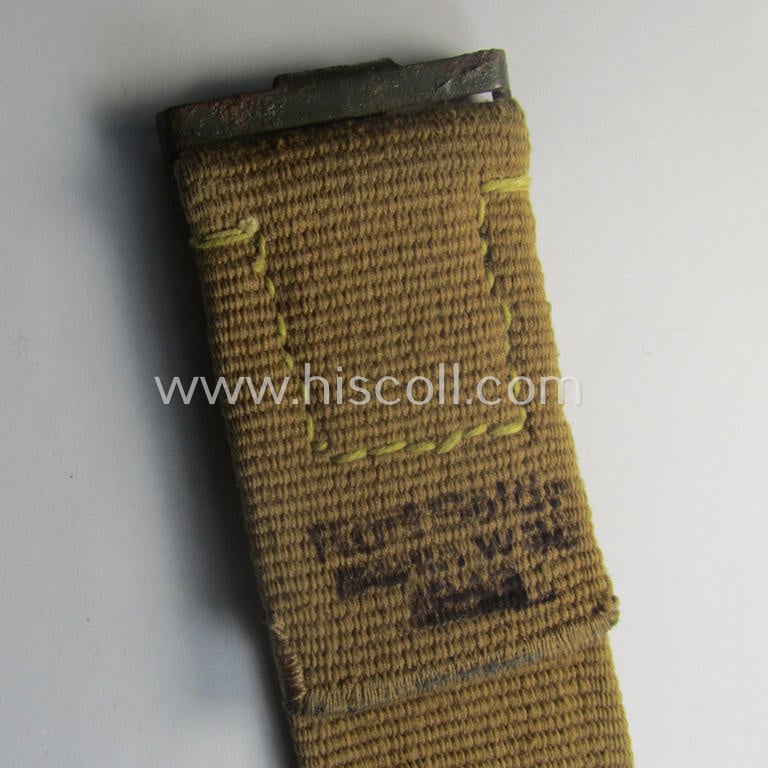 WH (Heeres ie. LW etc.) 'tropical-issued'- and entirely 'web-based' belt (ie. 'Koppelriemen') being a maker- (ie. 'Kurt Seidel - Berlin W 36 - 1943'-) marked and/or 95 cms.-sized example