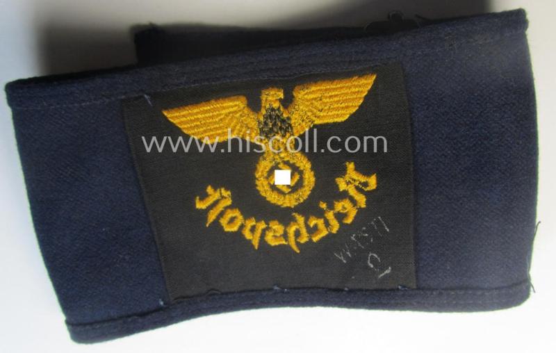 Darker-blue-coloured- and/or woolen-based so-called: 'Reichspost'-related armband (ie. 'Armbinde') being of the 'woven'-type and that comes in a moderately used- ie. worn, condition