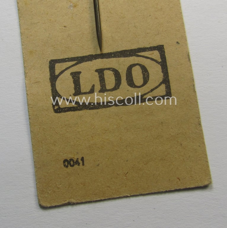 Neat - and only 9 mm. sized! - miniature-lapel-pin depicting a: 'Panzerkampfabzeichen in Bronze' (or: bronze-class panzer-assault-badge ie. PAB) being a non-maker-marked example that comes mounted onto its period 'LDO'-card