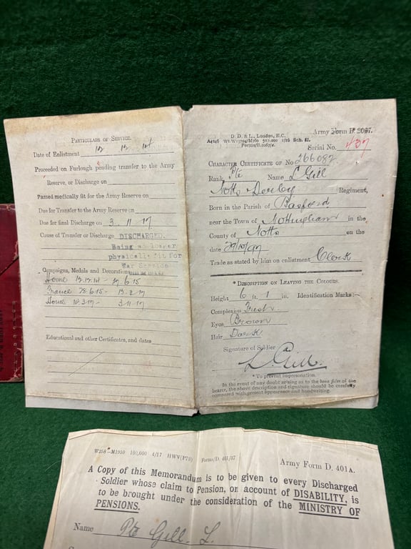 Discharge Wallet 266082 Pte L Gill 1/7th Notts and Derby Regiment (Robin Hood Rifles) Wounded 1/7/1916