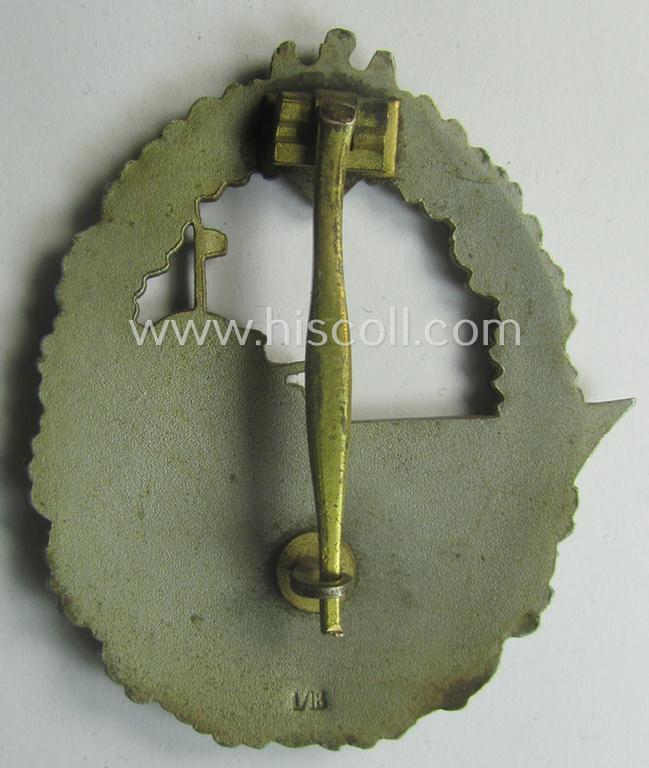 Scarcely found, WH (Kriegsmarine) 'Zerstörerkriegsabzeichen' being a clearly maker- (ie. 'L/18'-) marked example as executed in 'Feinzink' as was produced by the desirable maker (ie. 'Hersteller'): 'B.H. Mayer's Kunstprägeanstalt'
