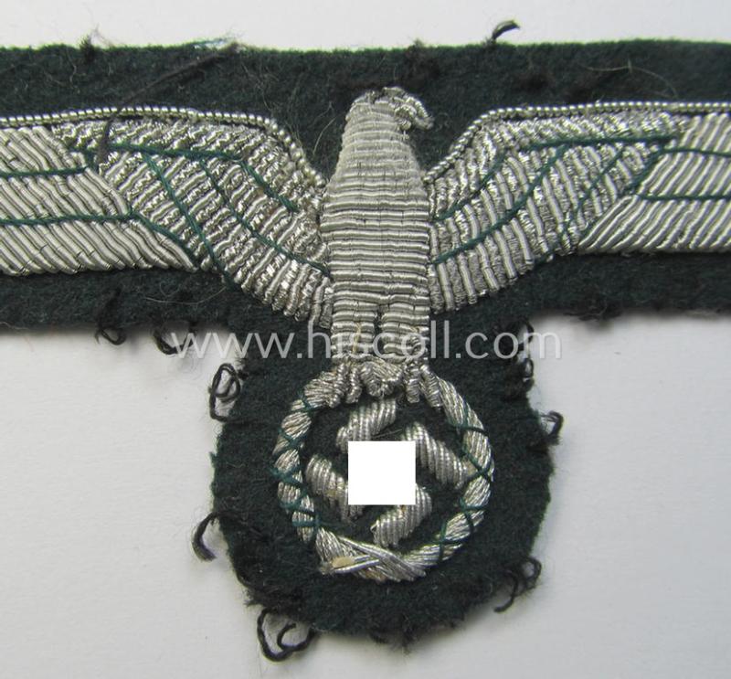 Attractive - and just moderately used! - WH (Heeres) officers'-type, hand-embroidered breast-eagle (ie. 'Brustadler für Offiziere') as was executed in bright-silverish-coloured braid as was intended for usage on the various officers'-pattern tuni...