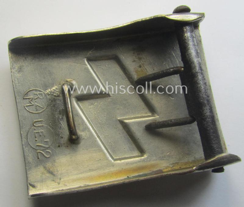 Complete(!) DJ (ie. 'Deutsches Jungvolk') silver-coloured- (ie. typical nickle-chromed) belt-buckle (ie. 'Koppelschloss') being a maker- (ie. 'RzM U.E. 72'-) marked example that comes mounted onto its (nicely marked), leather-based belt