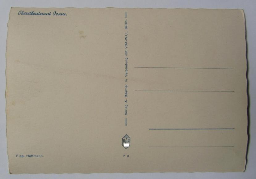 Attractive example of a period, picture-postcard originating from the famous 'Hoffmann' Knights'-cross bearers- (ie. 'Ritterkreuzträger'-) series, depicting the WH (Luftwaffe) 'Oberstleutnant' Oesau
