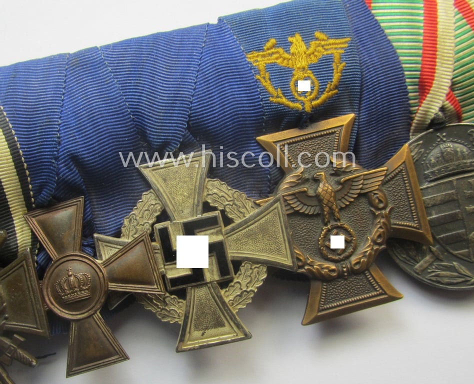 Superb, 8-pieced WWI- (ie. TR-) related medal-bar (ie. 'Ordenspange') depicting an: 'EKII.Kl., an: 'Hanseatenkreuz 1914', an: 'FKK 1914-18 mit S.', a: 'TD-Ez. der 2. Kl.', a: 'Zollgrenzschütz-Ez.' and two Austrian WWI-period comm. medals