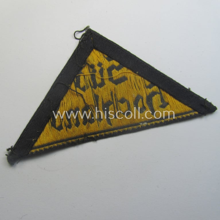 Truly used and/or worn 'HJ' ('Hitlerjugend') district-triangle (ie. 'Gebietsdreieck') entitled: 'Süd Hochland'