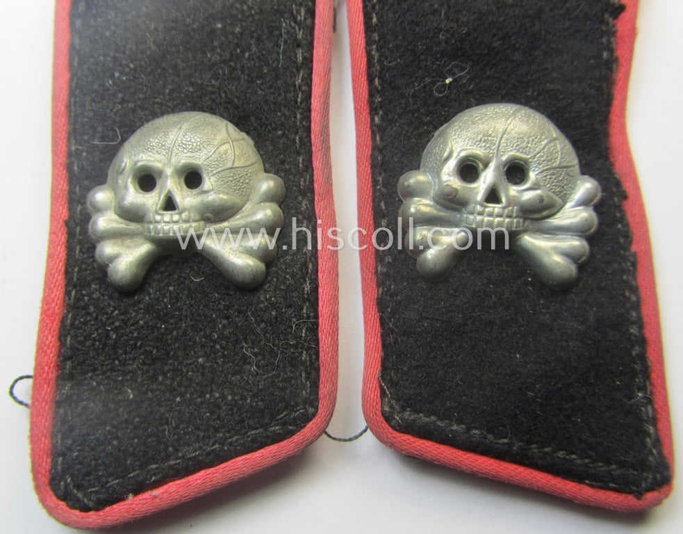 Superb - albeit slightly mismatched! - pair of mid- (ie. later-) war-period, WH (Heeres) bright-pink-piped 'Panzer'-collar-tabs (ie. 'Kragenspiegel') each having a zinc-based and/or 'three-pronged' skull-device (ie. 'Totenkopf') period-attached
