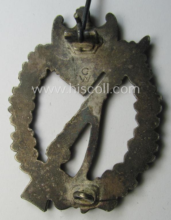 Attractive, 'Infanterie-Sturmabzeichen in Silber' (or: silver-class infantry-assault badge ie. IAB) being a neatly maker- (ie. 'C.W'- or: 'Carl Wild'-) marked example as executed in truly 'frosted', silverish-grey-coloured 'Feinzink'